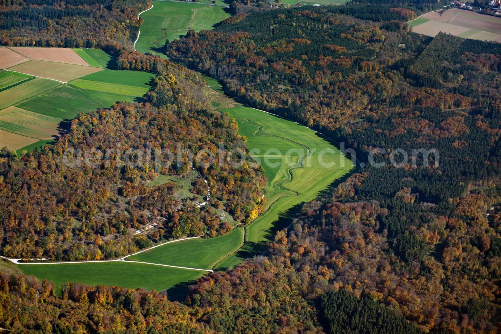 Herbrechtingen from the bird's eye view: Forest areas in in Herbrechtingen in the state Baden-Wuerttemberg, Germany