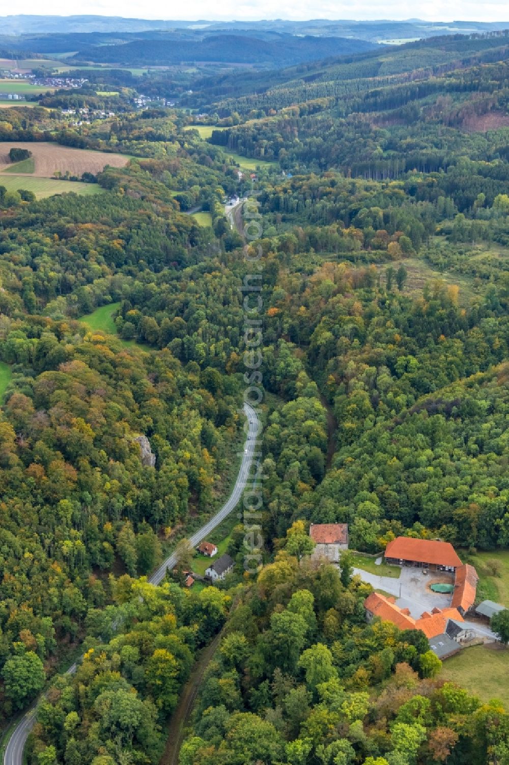 Balve from above - Forest areas Hoennetal in in the district Oberroedinghausen in Balve in the state North Rhine-Westphalia, Germany