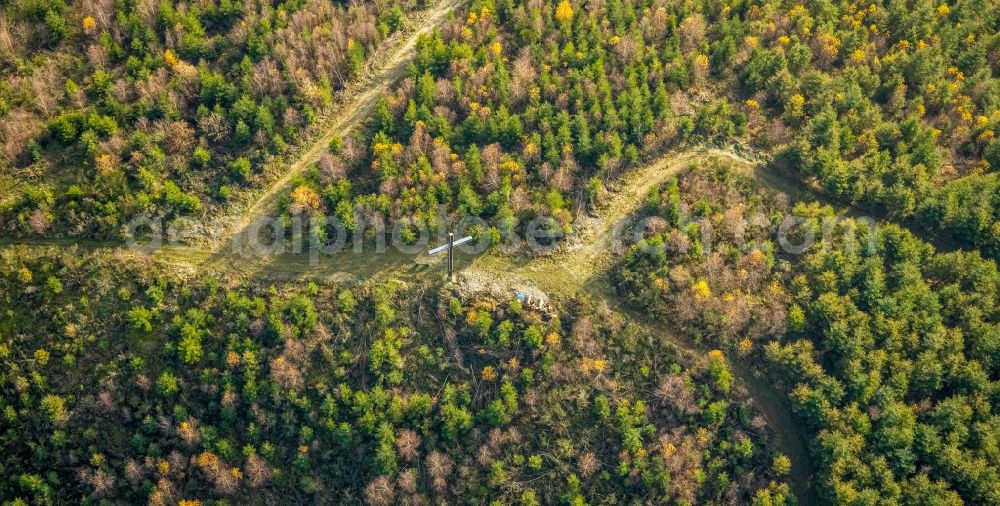 Aerial image Bremke - Forest areas in on Lumberg with a summit cross in Bremke in the state North Rhine-Westphalia, Germany