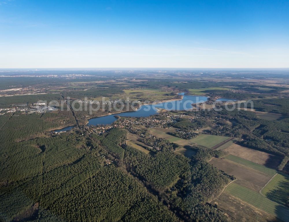 Seddiner See from above - Forest areas in in Seddiner See in the state Brandenburg, Germany