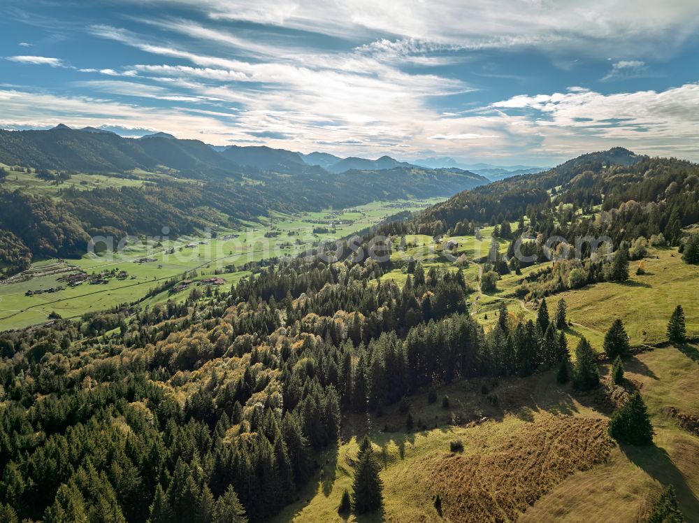 Aerial image Konstanzer - Forest areas in in the valley and meadow landscape in Konstanzer Allgaeu in the state Bavaria, Germany