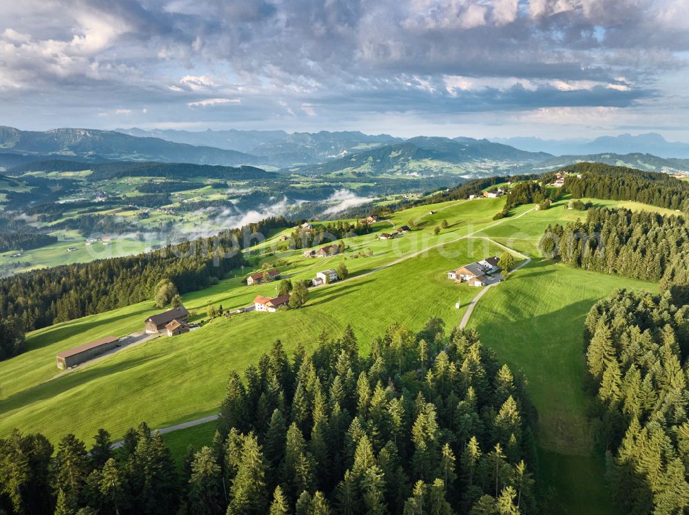 Aerial image Sulzberg - Forest areas in with meadow landscape on street Dorf in Sulzberg in Vorarlberg, Austria