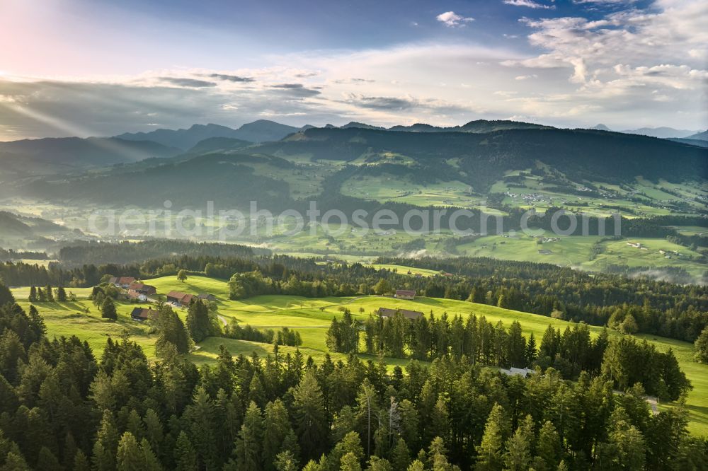 Aerial photograph Sulzberg - Forest areas in with meadow landscape on street Dorf in Sulzberg in Vorarlberg, Austria