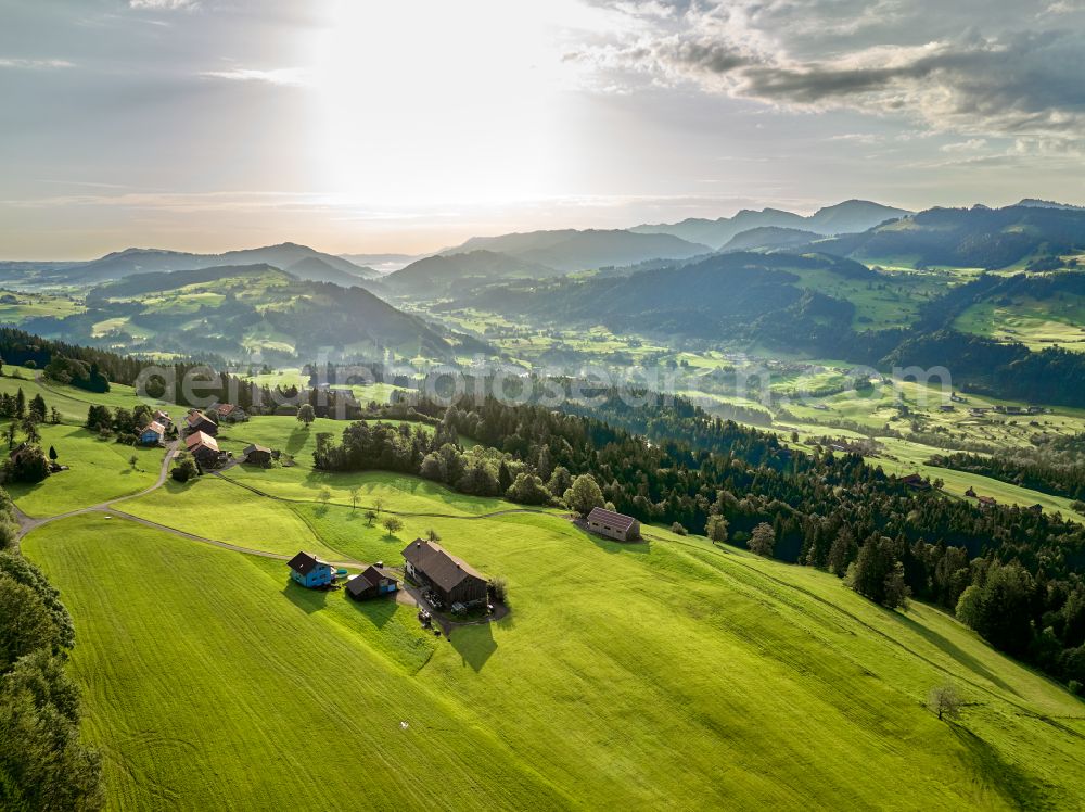 Sulzberg from the bird's eye view: Forest areas in with meadow landscape on street Dorf in Sulzberg in Vorarlberg, Austria