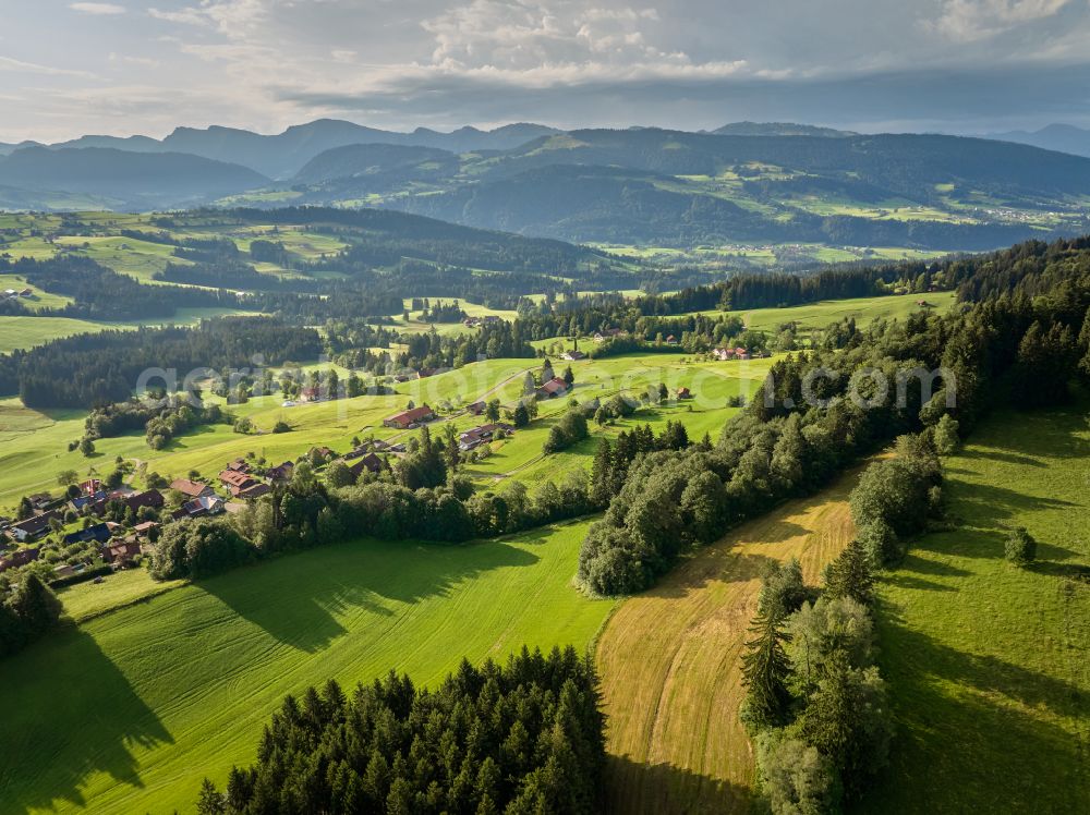 Aerial photograph Sulzberg - Forest areas in with meadow landscape on street Dorf in Sulzberg in Vorarlberg, Austria