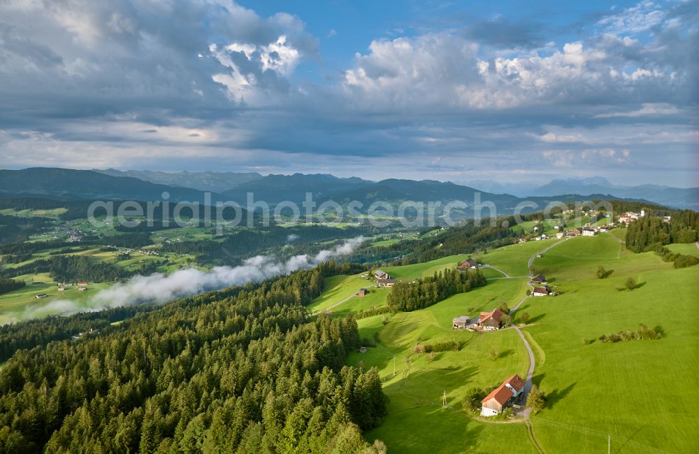 Sulzberg from the bird's eye view: Forest areas in with meadow landscape on street Dorf in Sulzberg in Vorarlberg, Austria