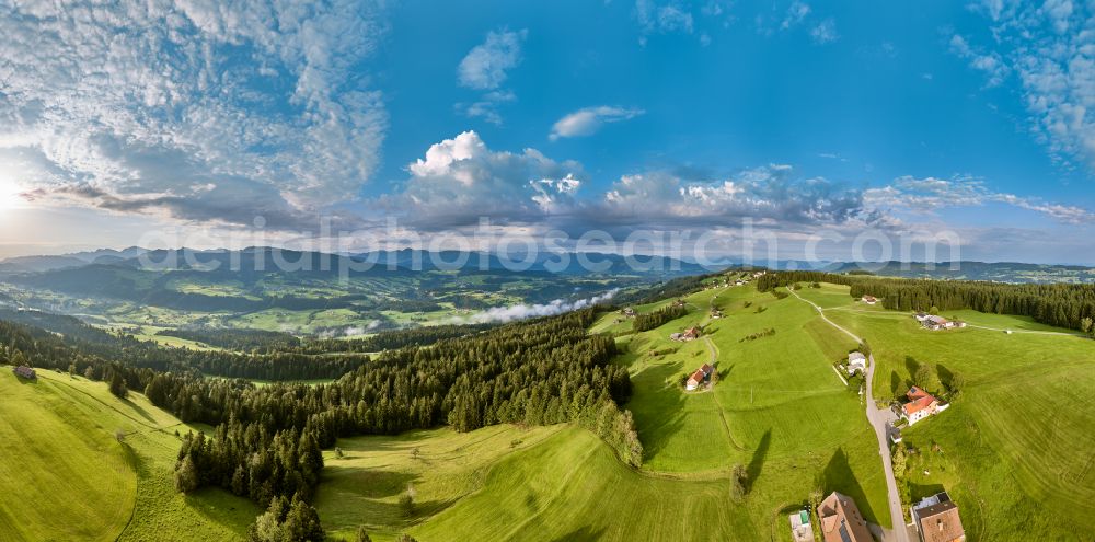 Aerial image Sulzberg - Forest areas in with meadow landscape on street Dorf in Sulzberg in Vorarlberg, Austria