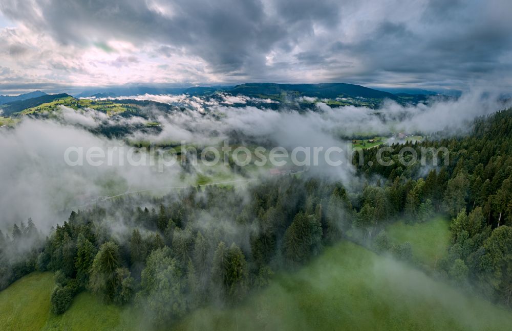 Aerial image Sulzberg - Forest areas in with meadow landscape on street Dorf in Sulzberg in Vorarlberg, Austria