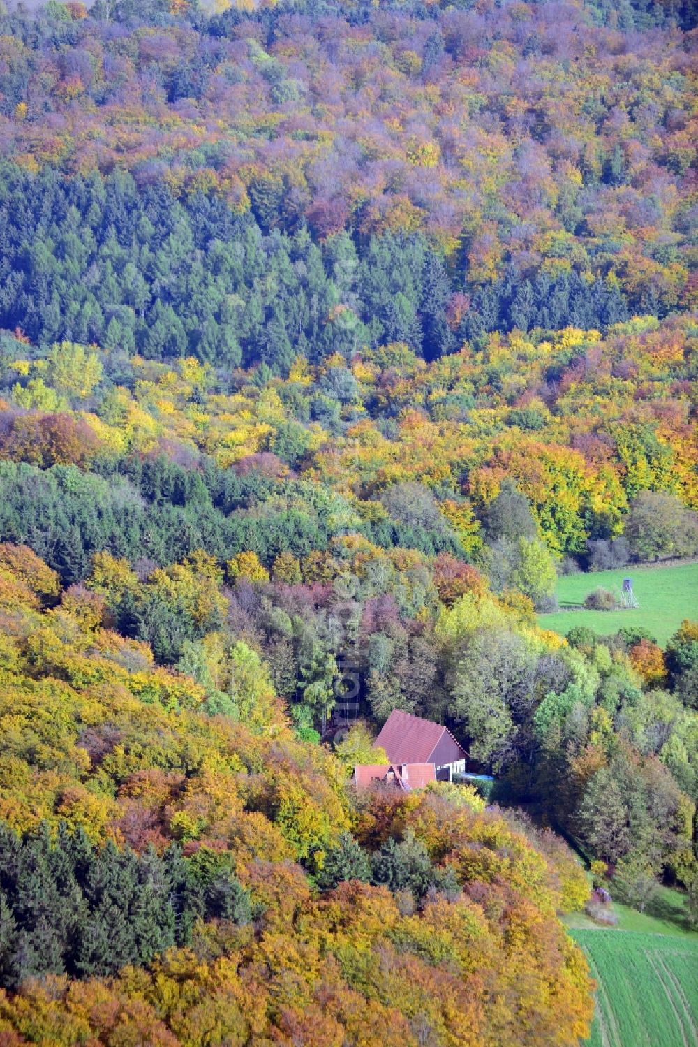 Aerial photograph Extertal - Autumnal view of the forester's house in Extertal in the state North Rhine-Westphalia