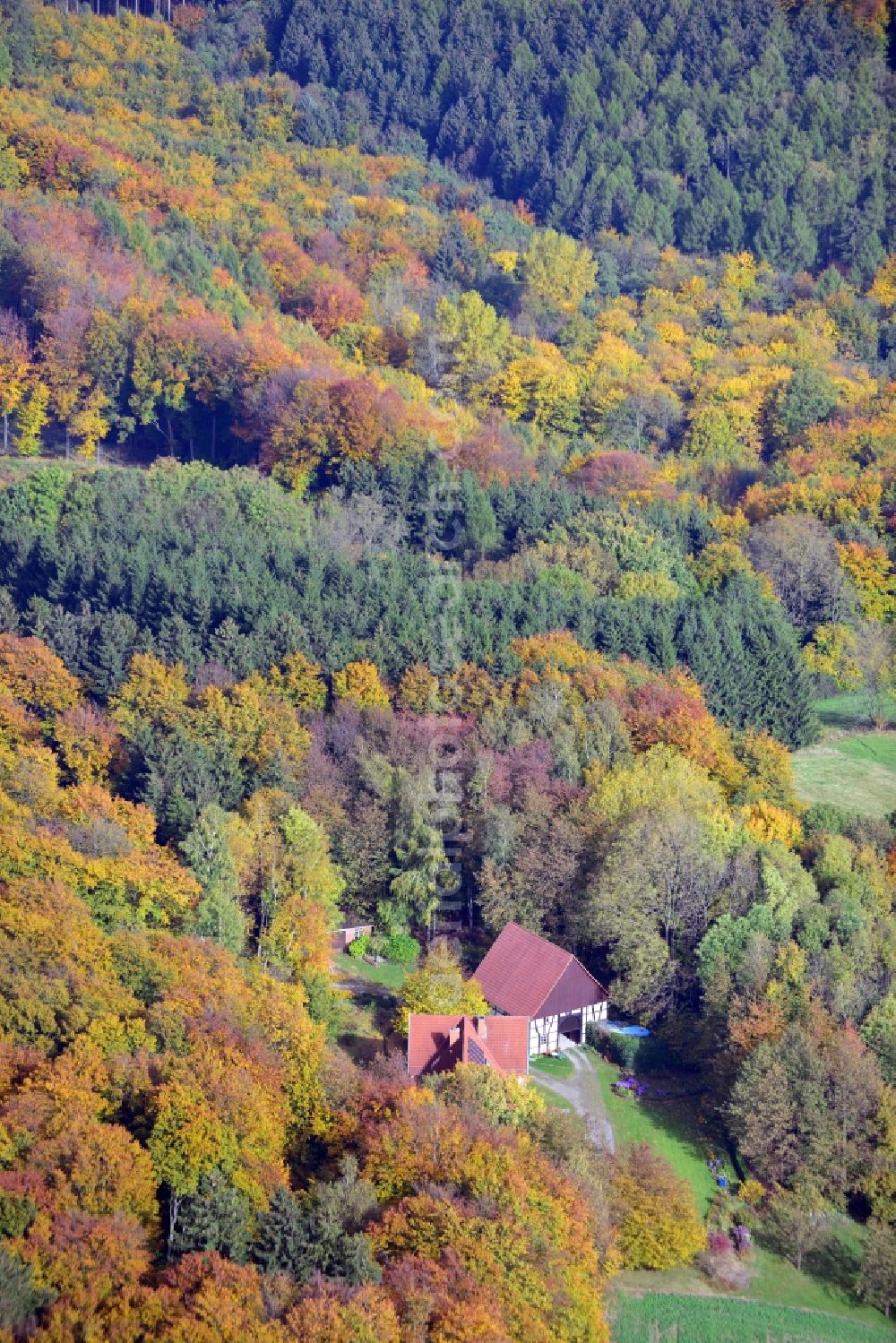 Extertal from above - Autumnal view of the forester's house in Extertal in the state North Rhine-Westphalia