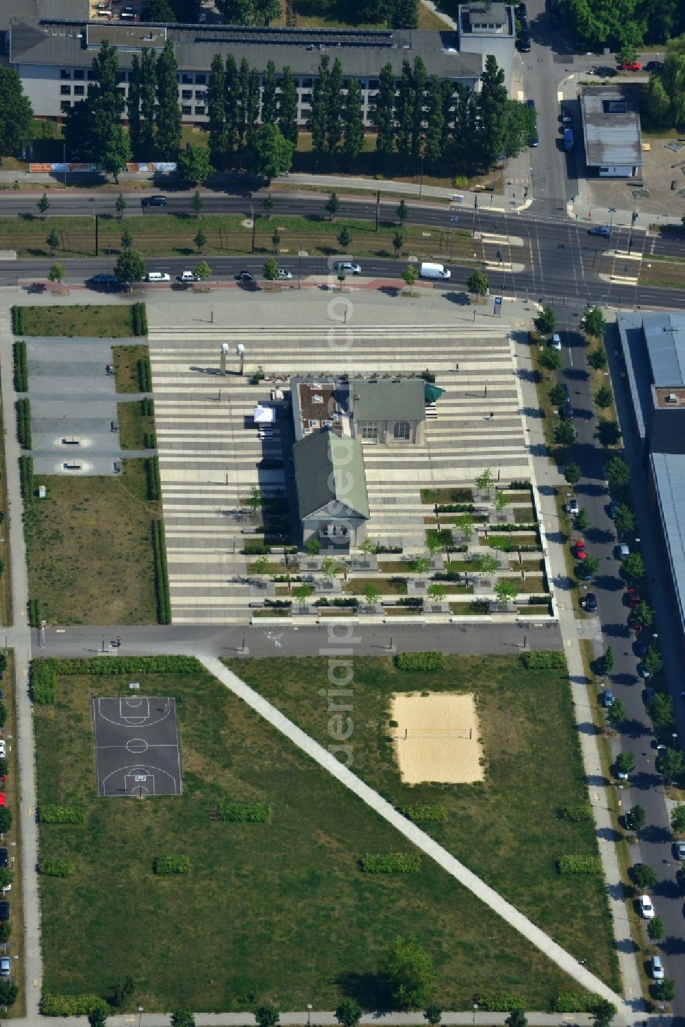 Aerial image Berlin Adlershof - New designed square Forumsplatz Adlershof at the science and business location Adlershof