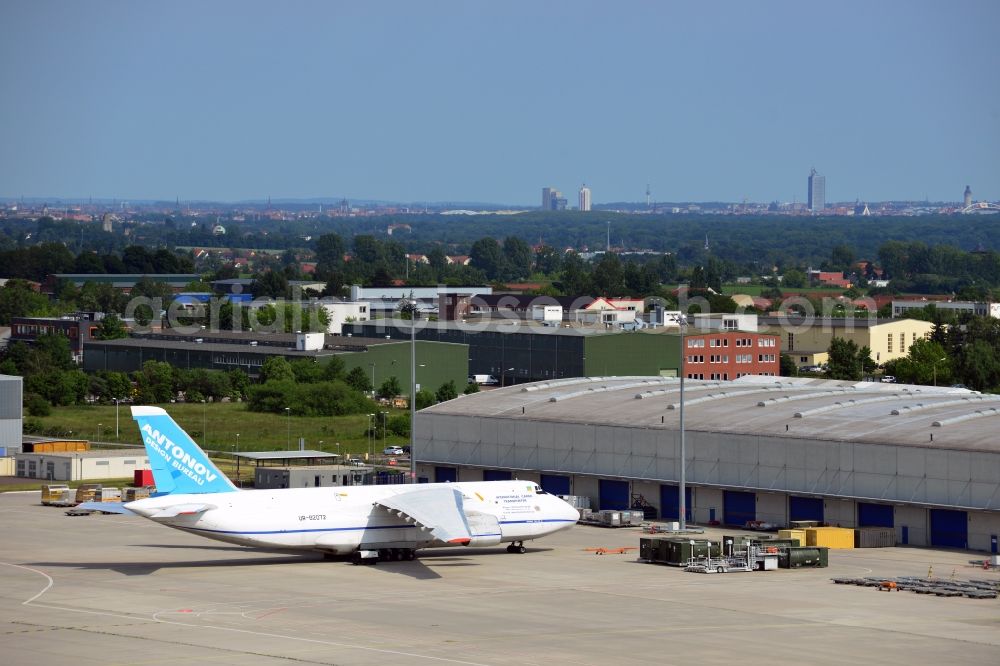 Aerial image Schkeuditz - Cargo aircraft Antonov AN-124 Volga Dnepr cargo airline - charter company on the terminal at the airport in Schkeuditz in Saxony