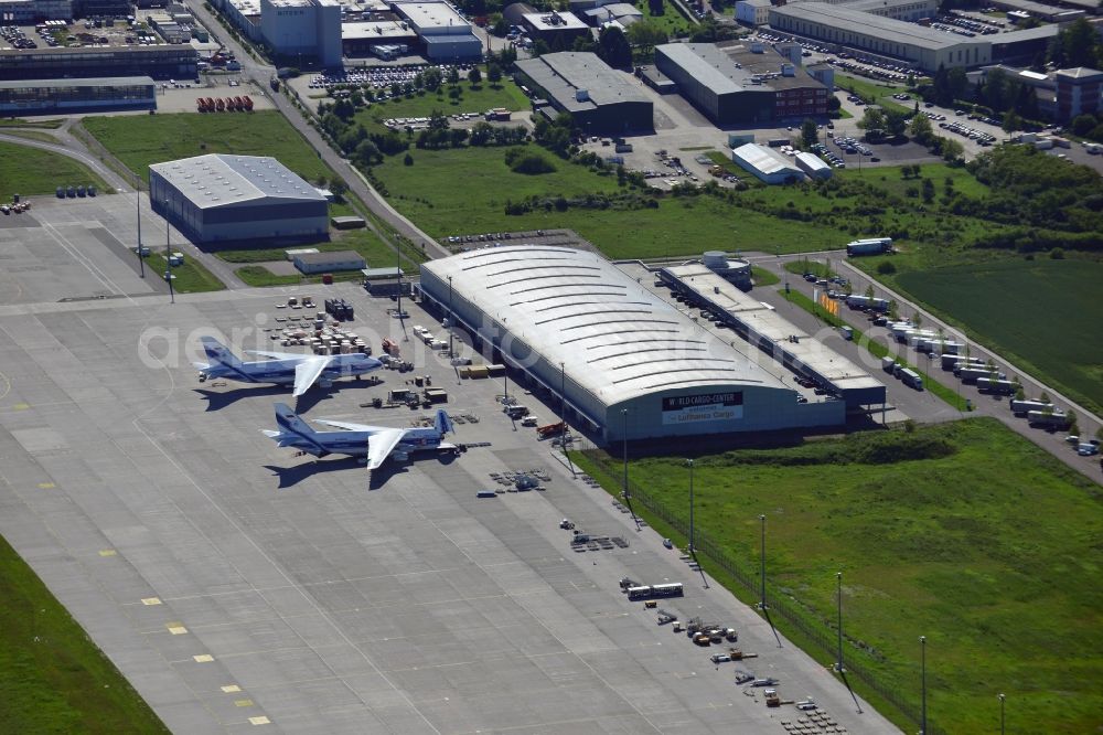 Aerial image Schkeuditz - Cargo aircraft Antonov AN-124 Volga Dnepr cargo airline - charter company on the terminal at the airport in Schkeuditz in Saxony