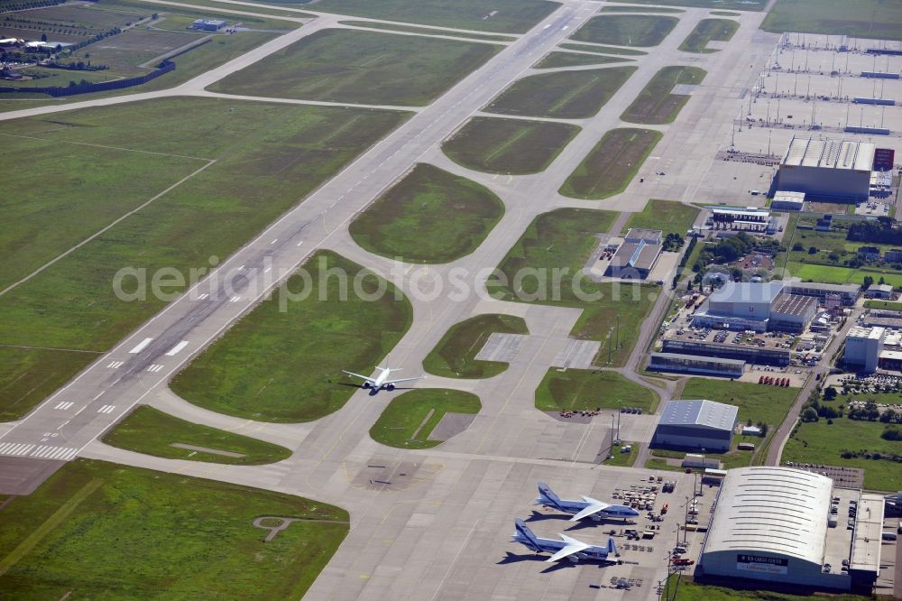 Aerial photograph Schkeuditz - Cargo aircraft Antonov AN-124 Volga Dnepr cargo airline - charter company on the terminal at the airport in Schkeuditz in Saxony