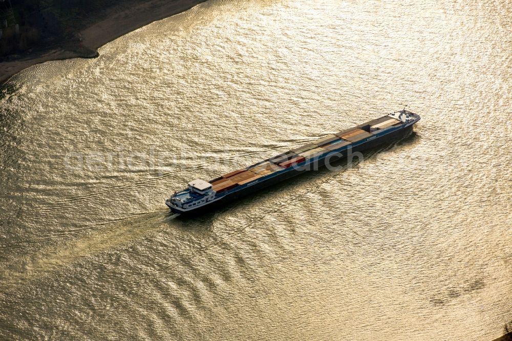 Aerial image Duisburg - Cargo ships and bulk carriers Duancis auf dem Rhein in Duisburg in the state North Rhine-Westphalia