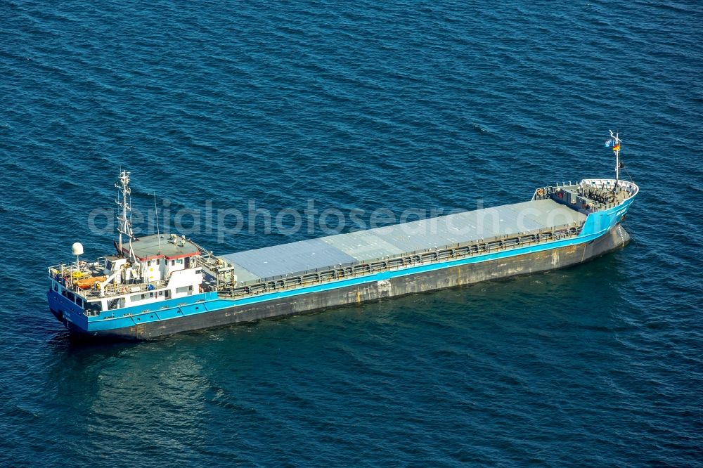 Aerial image Dassow - Cargo ships and bulk carriers ELISE (IMO: 9454462 MMSI: 305 170 000) in driving on the water surface of the Baltic Sea in Dassow in Mecklenburg - West Pomerania