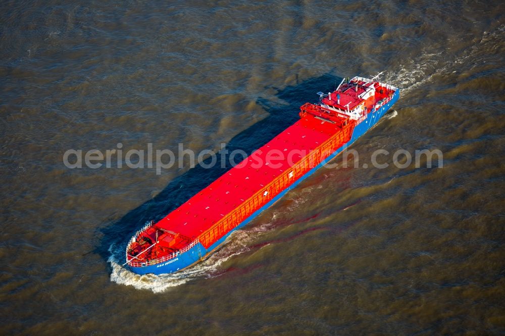 Emmerich am Rhein from above - Freight ship H&S Wisdom on the Rhine in Emmerich am Rhein in the state of North Rhine-Westphalia