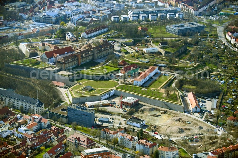 Aerial photograph Erfurt - Fragments of the fortress Petersberg overlooking construction work for the BUGA - Bundesgartenschau 2021 in the district Zentrum in Erfurt in the state Thuringia, Germany