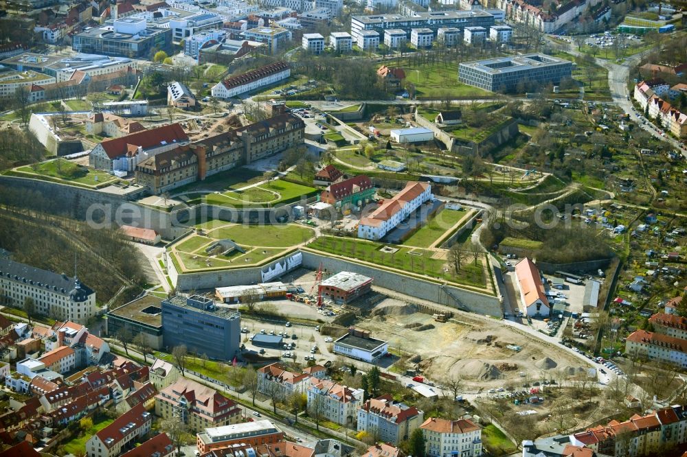 Erfurt from above - Fragments of the fortress Petersberg overlooking construction work for the BUGA - Bundesgartenschau 2021 in the district Zentrum in Erfurt in the state Thuringia, Germany