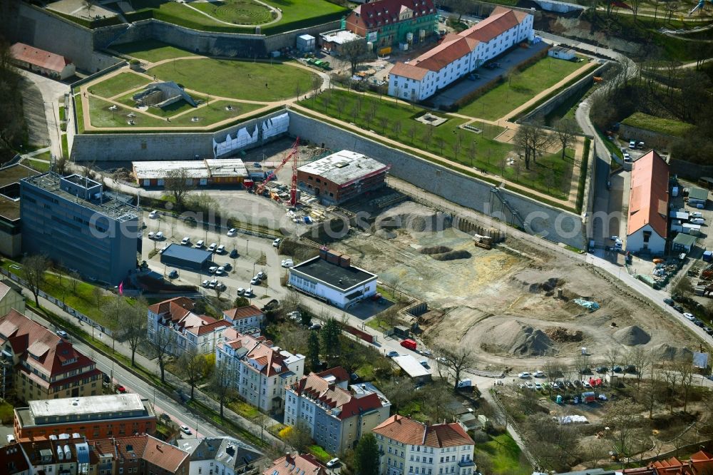 Erfurt from the bird's eye view: Fragments of the fortress Petersberg overlooking construction work for the BUGA - Bundesgartenschau 2021 in the district Zentrum in Erfurt in the state Thuringia, Germany