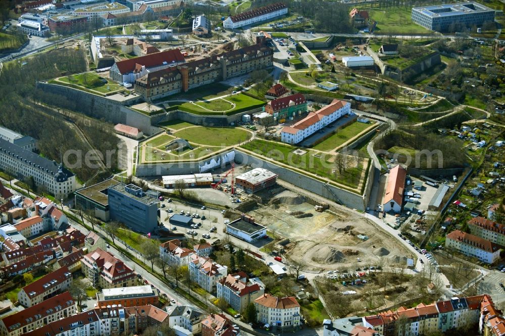 Aerial image Erfurt - Fragments of the fortress Petersberg overlooking construction work for the BUGA - Bundesgartenschau 2021 in the district Zentrum in Erfurt in the state Thuringia, Germany