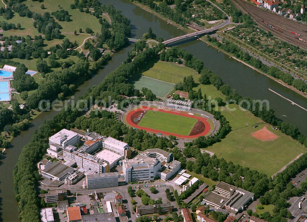 Aerial photograph Heilbronn - Das Frankenstadion ist ein Fußball- und Leichtathletikstadion, das etwa 17.300 Zuschauer aufnimmt. Das Stadion liegt auf einer Neckarinsel im Süden von Heilbronn. The Franken Stadium is a football and athletics stadium, which houses about 17 300 spectators. It is an island in the south of Heilbronn Neckar.