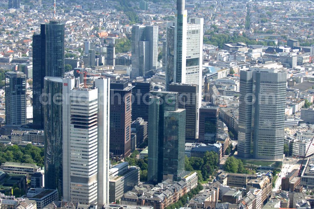 Aerial photograph Frankfurt am Main - Blick auf die Frankfurter Skyline am Main. Das Frankfurter Banken-, und Bürohauszentrum reiht die Mainmetropole in die Liste typische europäischer Hochhausstädte ein. View of the Frankfurt am Main skyline. The Frankfurt banking, and office center joins a list of the main metropolis in the typical high-rise European citys.