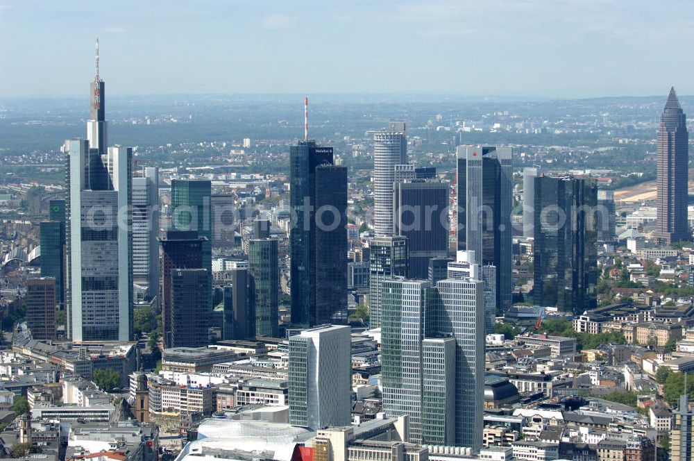 Aerial image Frankfurt am Main - Blick auf die Frankfurter Skyline am Main. Das Frankfurter Banken-, und Bürohauszentrum reiht die Mainmetropole in die Liste typische europäischer Hochhausstädte ein. View of the Frankfurt am Main skyline. The Frankfurt banking, and office center joins a list of the main metropolis in the typical high-rise European citys.