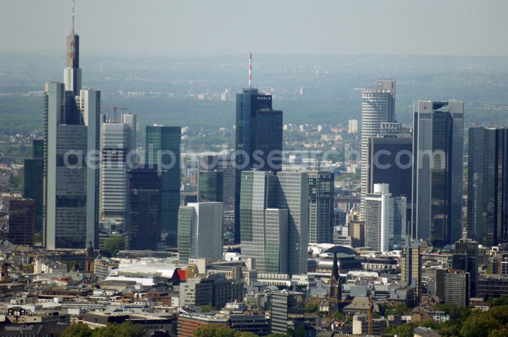 Aerial image Frankfurt am Main - Blick auf die Frankfurter Skyline am Main. Das Frankfurter Banken-, und Bürohauszentrum reiht die Mainmetropole in die Liste typische europäischer Hochhausstädte ein. View of the Frankfurt am Main skyline. The Frankfurt banking, and office center joins a list of the main metropolis in the typical high-rise European citys.