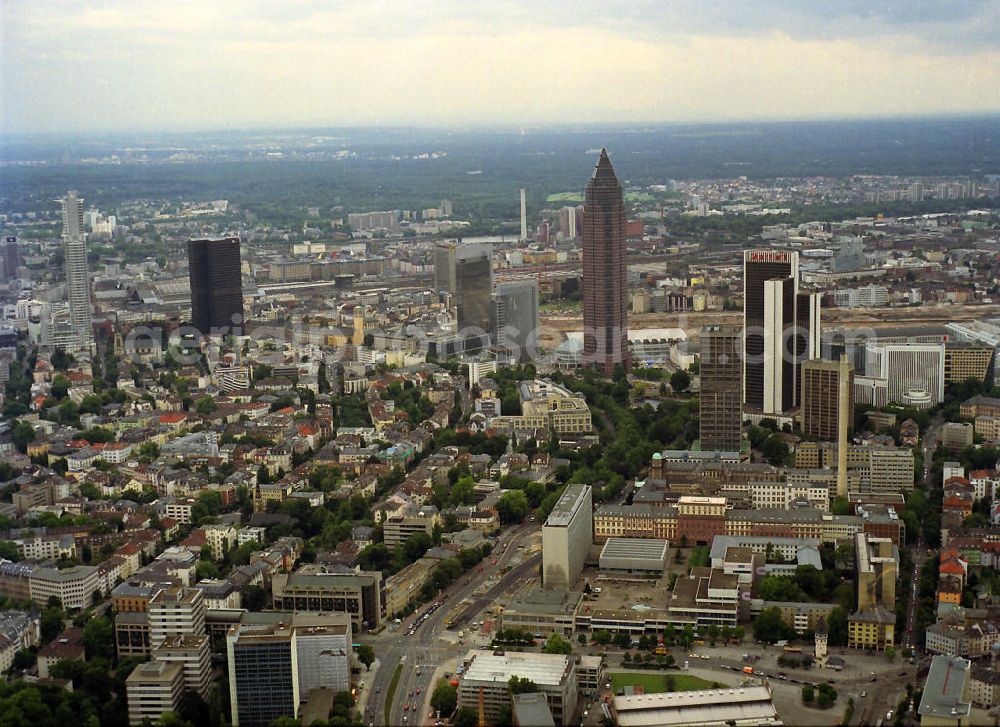 Frankfurt am Main from above - View of the skyline with the skyscrapers of the financial district in the city center north of the Main