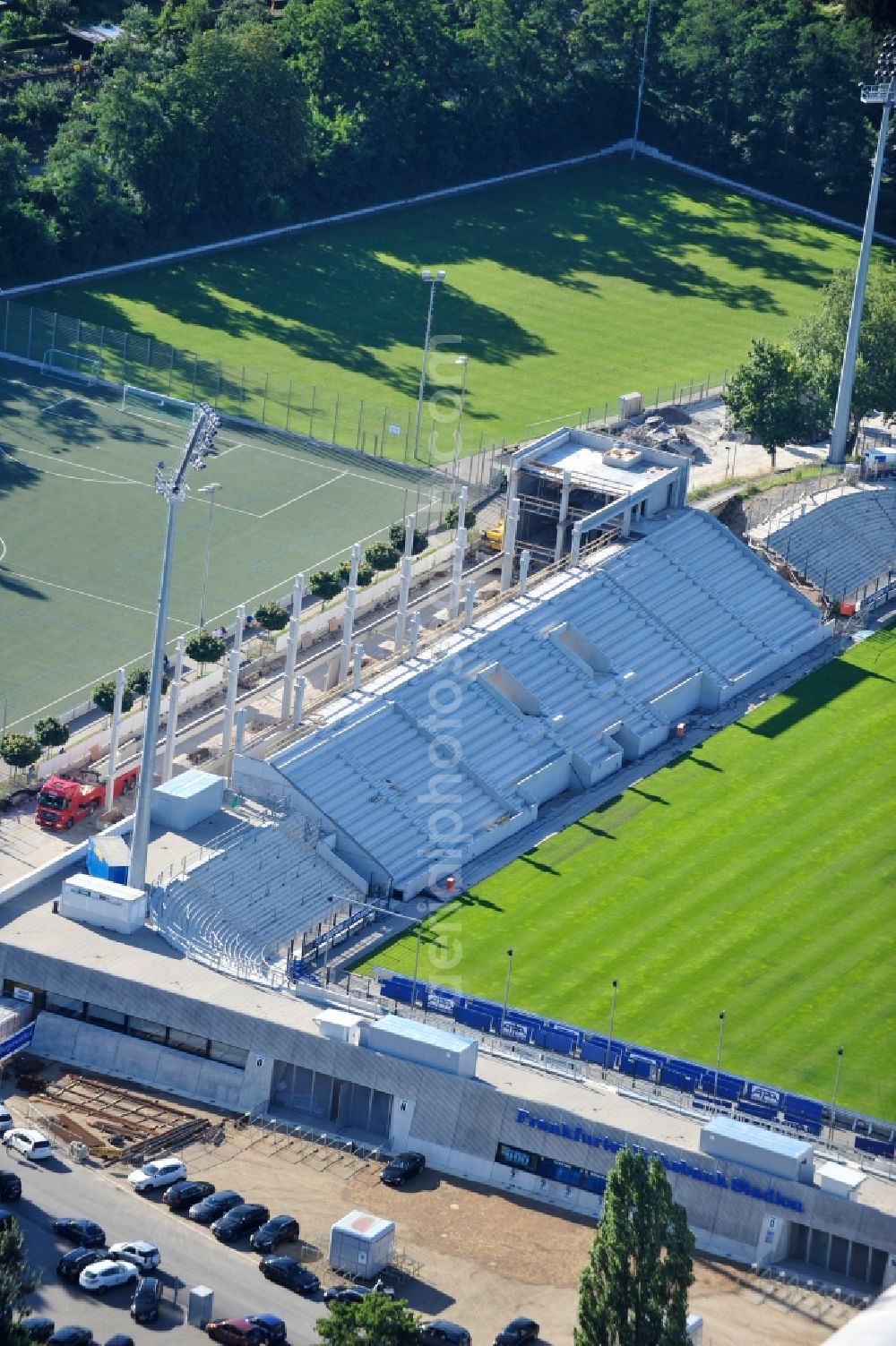 Frankfurt am Main from above - Construction site of the Frankfurter Volksbank Stadium (formerly Stadium on Bornheimer Hang)