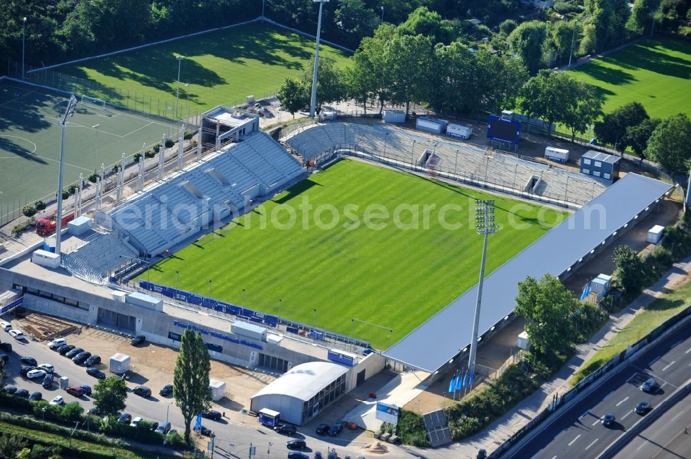 Frankfurt am Main from the bird's eye view: Construction site of the Frankfurter Volksbank Stadium (formerly Stadium on Bornheimer Hang)