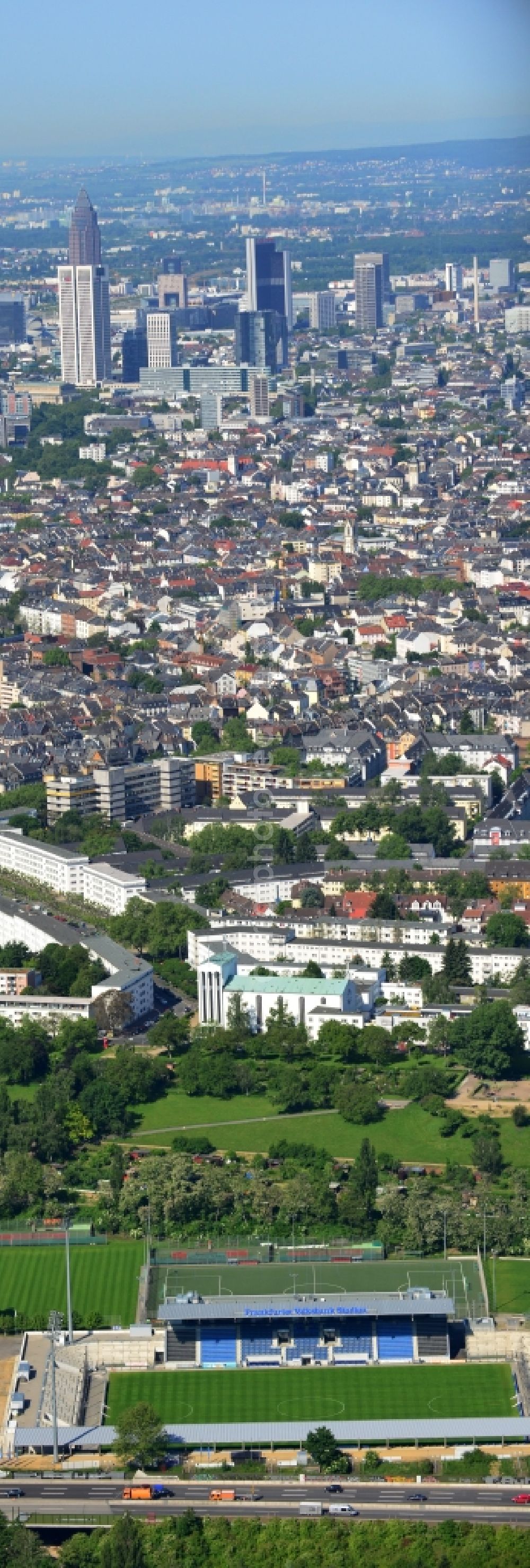 Aerial image Frankfurt am Main - Construction site of the Frankfurter Volksbank Stadium (formerly Stadium on Bornheimer Hang)