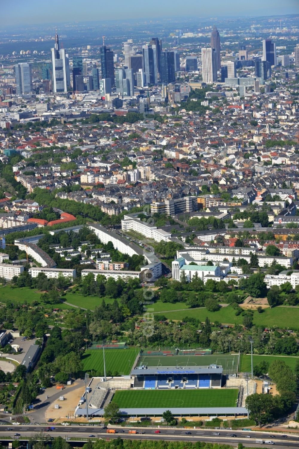 Frankfurt am Main from above - Construction site of the Frankfurter Volksbank Stadium (formerly Stadium on Bornheimer Hang)