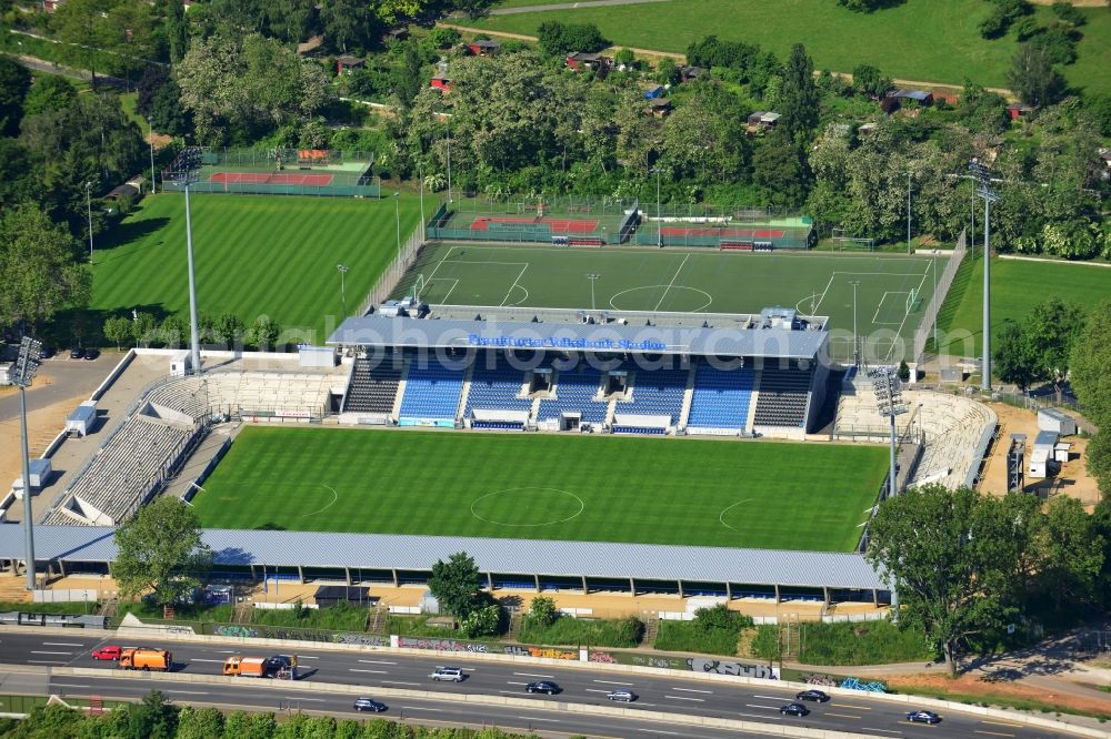 Frankfurt am Main from the bird's eye view: Construction site of the Frankfurter Volksbank Stadium (formerly Stadium on Bornheimer Hang)