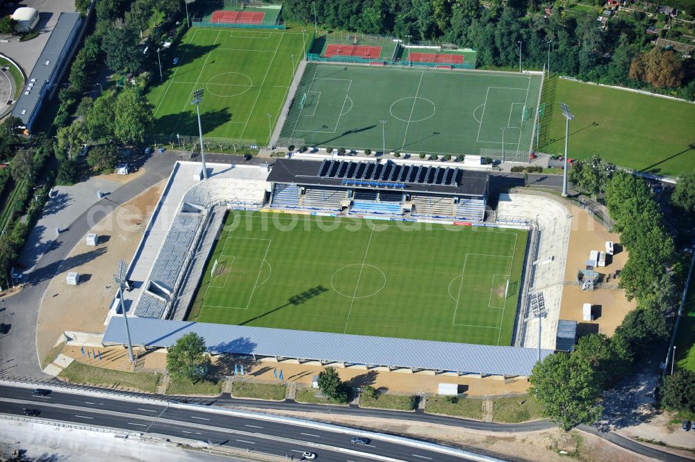 Aerial image Frankfurt am Main - Blick auf das umgebaute Frankfurter Volksbank-Stadion (vormals Stadion Am Bornheimer Hang). Der DFL erteilte im Rahmen des Lizensierungsverfahrens dem umgebauten Volksbank Stadion die Zulassung für die 2. Bundesliga. View of the Frankfurter Volksbank Stadium (formerly Stadium on Bornheimer Hang). The DFL issued under the licensing procedure, the converted Volksbank Stadion approval for the second Bundesliga.