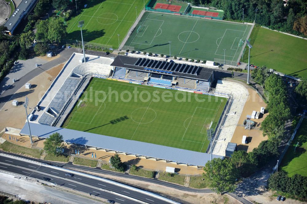 Aerial photograph Frankfurt am Main - Blick auf das umgebaute Frankfurter Volksbank-Stadion (vormals Stadion Am Bornheimer Hang). Der DFL erteilte im Rahmen des Lizensierungsverfahrens dem umgebauten Volksbank Stadion die Zulassung für die 2. Bundesliga. View of the Frankfurter Volksbank Stadium (formerly Stadium on Bornheimer Hang). The DFL issued under the licensing procedure, the converted Volksbank Stadion approval for the second Bundesliga.