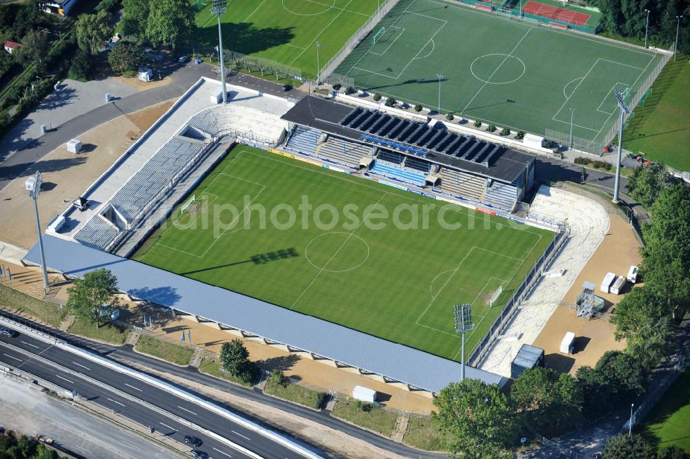 Frankfurt am Main from above - Blick auf das umgebaute Frankfurter Volksbank-Stadion (vormals Stadion Am Bornheimer Hang). Der DFL erteilte im Rahmen des Lizensierungsverfahrens dem umgebauten Volksbank Stadion die Zulassung für die 2. Bundesliga. View of the Frankfurter Volksbank Stadium (formerly Stadium on Bornheimer Hang). The DFL issued under the licensing procedure, the converted Volksbank Stadion approval for the second Bundesliga.