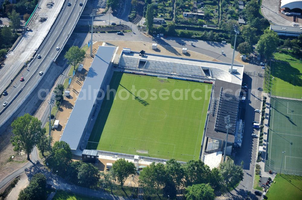 Aerial photograph Frankfurt am Main - Blick auf das umgebaute Frankfurter Volksbank-Stadion (vormals Stadion Am Bornheimer Hang). Der DFL erteilte im Rahmen des Lizensierungsverfahrens dem umgebauten Volksbank Stadion die Zulassung für die 2. Bundesliga. View of the Frankfurter Volksbank Stadium (formerly Stadium on Bornheimer Hang). The DFL issued under the licensing procedure, the converted Volksbank Stadion approval for the second Bundesliga.