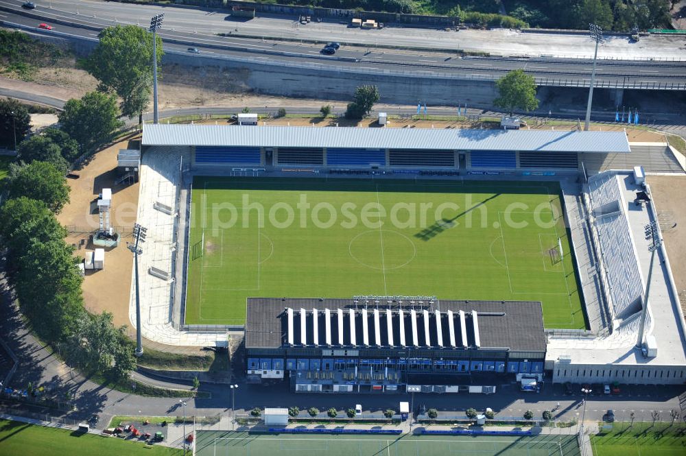 Frankfurt am Main from above - Blick auf das umgebaute Frankfurter Volksbank-Stadion (vormals Stadion Am Bornheimer Hang). Der DFL erteilte im Rahmen des Lizensierungsverfahrens dem umgebauten Volksbank Stadion die Zulassung für die 2. Bundesliga. View of the Frankfurter Volksbank Stadium (formerly Stadium on Bornheimer Hang). The DFL issued under the licensing procedure, the converted Volksbank Stadion approval for the second Bundesliga.