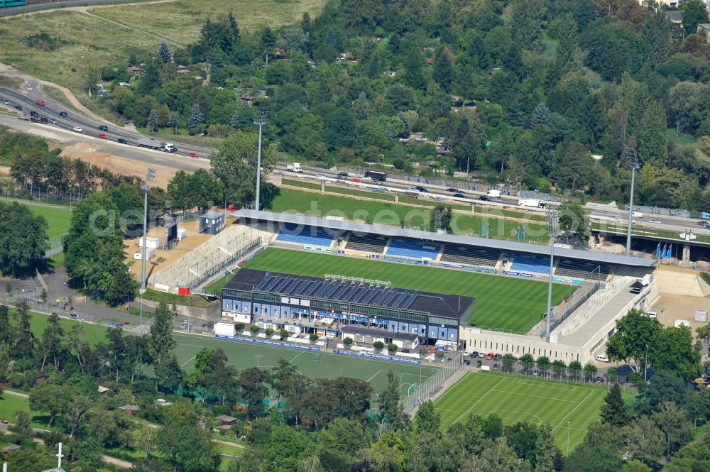 Aerial image Frankfurt am Main - Blick auf das umgebaute Frankfurter Volksbank-Stadion (vormals Stadion Am Bornheimer Hang). Der DFL erteilte im Rahmen des Lizensierungsverfahrens dem umgebauten Volksbank Stadion die Zulassung für die 2. Bundesliga. View of the Frankfurter Volksbank Stadium (formerly Stadium on Bornheimer Hang). The DFL issued under the licensing procedure, the converted Volksbank Stadion approval for the second Bundesliga.