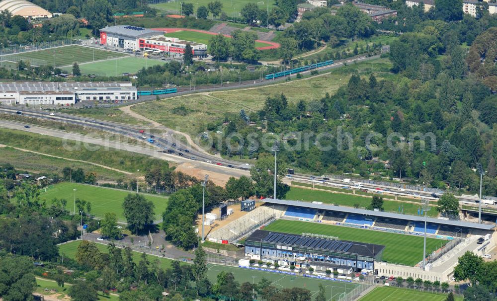 Aerial photograph Frankfurt am Main - Blick auf das umgebaute Frankfurter Volksbank-Stadion (vormals Stadion Am Bornheimer Hang). Der DFL erteilte im Rahmen des Lizensierungsverfahrens dem umgebauten Volksbank Stadion die Zulassung für die 2. Bundesliga. View of the Frankfurter Volksbank Stadium (formerly Stadium on Bornheimer Hang). The DFL issued under the licensing procedure, the converted Volksbank Stadion approval for the second Bundesliga.