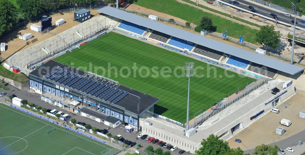 Frankfurt am Main from above - Blick auf das umgebaute Frankfurter Volksbank-Stadion (vormals Stadion Am Bornheimer Hang). Der DFL erteilte im Rahmen des Lizensierungsverfahrens dem umgebauten Volksbank Stadion die Zulassung für die 2. Bundesliga. View of the Frankfurter Volksbank Stadium (formerly Stadium on Bornheimer Hang). The DFL issued under the licensing procedure, the converted Volksbank Stadion approval for the second Bundesliga.