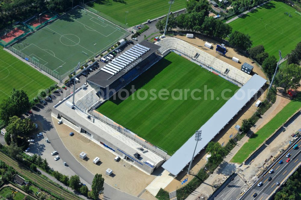 Aerial photograph Frankfurt am Main - Blick auf das umgebaute Frankfurter Volksbank-Stadion (vormals Stadion Am Bornheimer Hang). Der DFL erteilte im Rahmen des Lizensierungsverfahrens dem umgebauten Volksbank Stadion die Zulassung für die 2. Bundesliga. View of the Frankfurter Volksbank Stadium (formerly Stadium on Bornheimer Hang). The DFL issued under the licensing procedure, the converted Volksbank Stadion approval for the second Bundesliga.