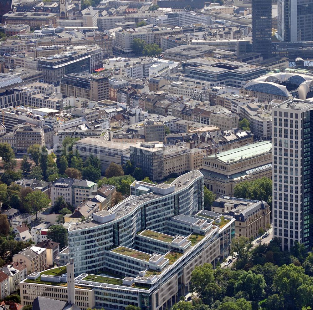 Frankfurt am Main from above - The Frankfurter Welle is a biuling complex in the shape of a wave and was built between 1998 and 2003. It contains offices, restaurants, retail trade, and apartements