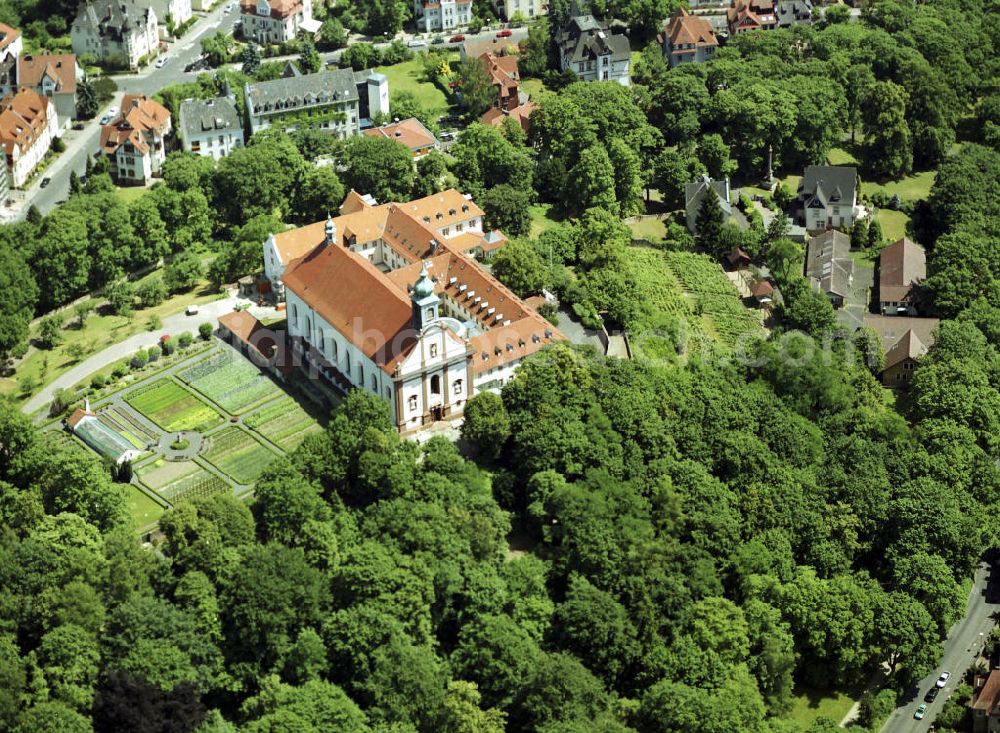 Aerial photograph Fulda - Blick auf die Klosterkirche auf dem Frauenberg , sie wurde mit spätgotischer Ausstattung in der Mitte des 18. Jh. erbaut.