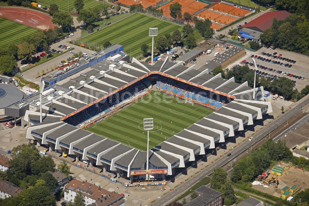 Bochum from the bird's eye view: WM-Fußballspiel zwischen Japan und Neuseeland anläßlich der Fußball-Weltmeisterschaft der Frauen 2011 im rewirpower STADION. Das Stadion ist die Spielstätte des Fußballklubs VfL Bochum. Die 6. Fußball-Weltmeisterschaft der Frauen (offiziell: FIFA Women’s World Cup Germany 2011 / „ FIFA Frauen-Weltmeisterschaft Deutschland 2011 “) wird vom 26. Juni bis 17. Juli 2011 im Land des Titelverteidigers Deutschland ausgetragen. Football match of the FIFA Women’s World Cup 2011 in the Rewirpower Stadium (formerly Ruhr Stadium).