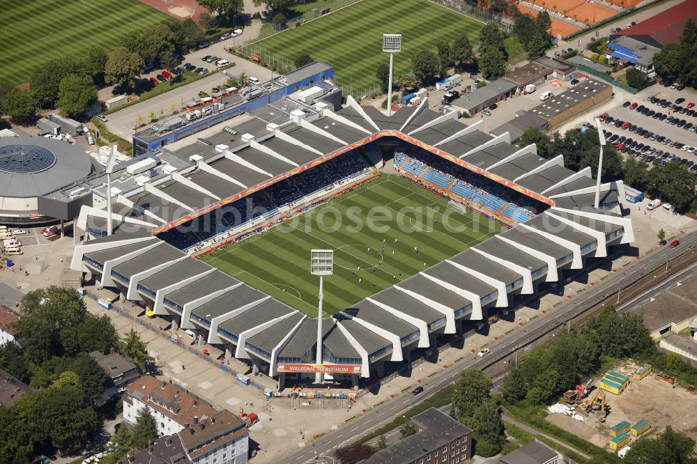 Aerial image Bochum - WM-Fußballspiel zwischen Japan und Neuseeland anläßlich der Fußball-Weltmeisterschaft der Frauen 2011 im rewirpower STADION. Das Stadion ist die Spielstätte des Fußballklubs VfL Bochum. Die 6. Fußball-Weltmeisterschaft der Frauen (offiziell: FIFA Women’s World Cup Germany 2011 / „ FIFA Frauen-Weltmeisterschaft Deutschland 2011 “) wird vom 26. Juni bis 17. Juli 2011 im Land des Titelverteidigers Deutschland ausgetragen. Football match of the FIFA Women’s World Cup 2011 in the Rewirpower Stadium (formerly Ruhr Stadium).