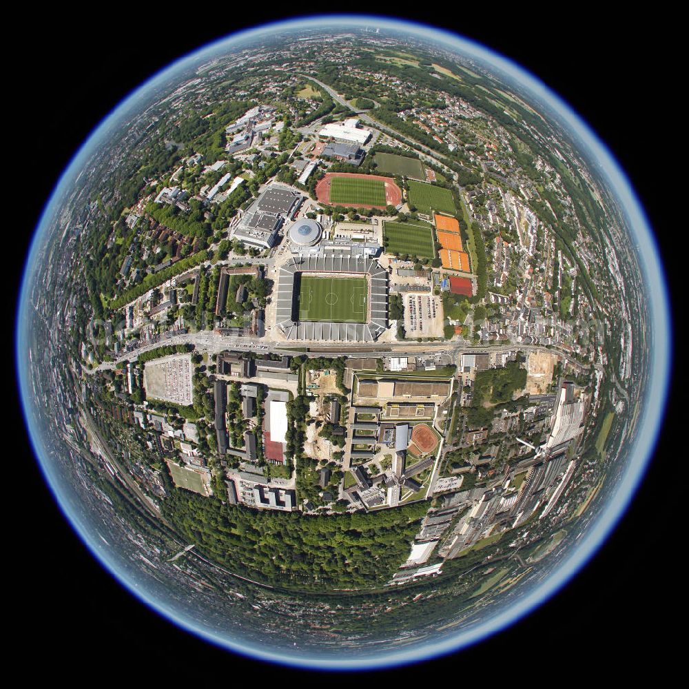 Aerial image Bochum - Fish Eye Blick auf das WM-Fußballspiel zwischen Japan und Neuseeland anläßlich der Fußball-Weltmeisterschaft der Frauen 2011 im rewirpower STADION. Das Stadion ist die Spielstätte des Fußballklubs VfL Bochum. Die 6. Fußball-Weltmeisterschaft der Frauen (offiziell: FIFA Women’s World Cup Germany 2011 / „ FIFA Frauen-Weltmeisterschaft Deutschland 2011 “) wird vom 26. Juni bis 17. Juli 2011 im Land des Titelverteidigers Deutschland ausgetragen. Football match of the FIFA Women’s World Cup 2011 in the Rewirpower Stadium (formerly Ruhr Stadium).