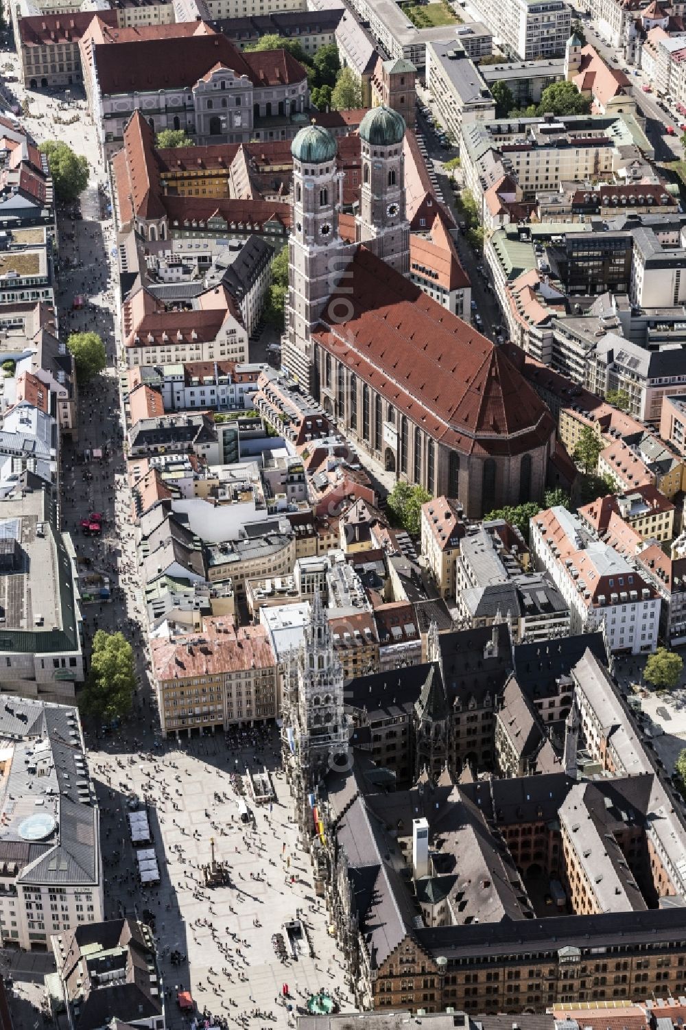 München from above - Church building of the Frauenkirche in the old town in Munich in the state Bavaria, Germany